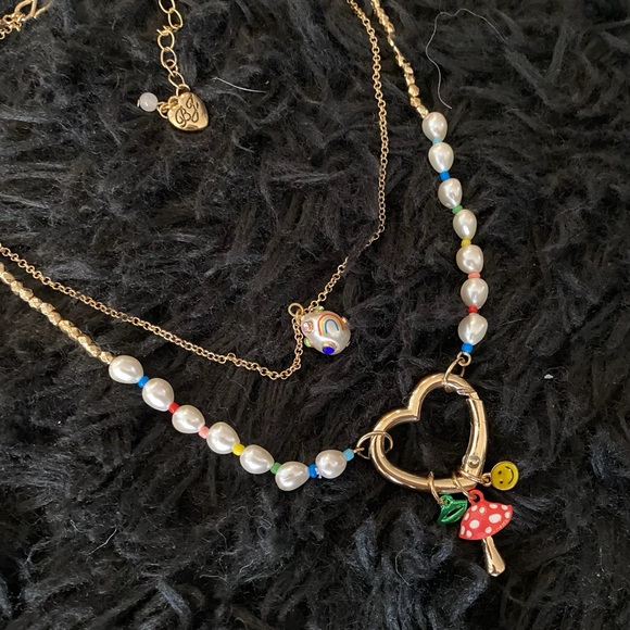 Betsey Johnson One Love Heart Charm Mushroom Smile Lips Necklace Rainbow - NWT - Picture 5 of 15